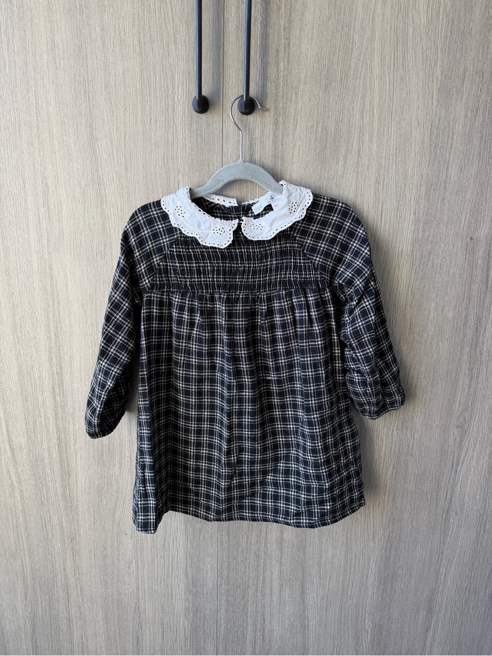 Zara Black Plaid Dressy Top with White Eyelet Peter Pan Collar